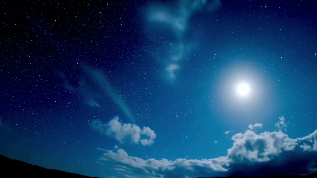 A serene night sky video with a wide-angle view of stars and moon illuminating clouds