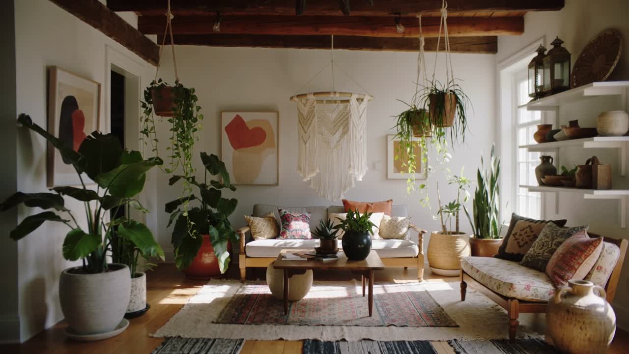 Cámara desplazándose, revelando un sofá de mediados de siglo y plantas en una sala de estar bohemia, mostrando estanterías junto a la ventana.
