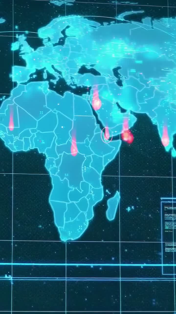 Over-the-shoulder angle of a woman analyzing a world map on a screen, video surveillance theme