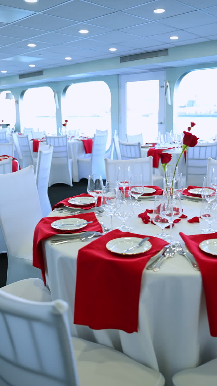Elegante allestimento per una cena con rose rosse e tavola apparecchiata in bianco vicino all'acqua. Una tavola è apparecchiata con tovaglie bianche e tocchi di rosso, decorata con rose e cristalleria in un locale vicino all'acqua.