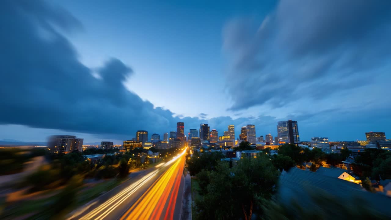 A Stunning Transition of a Cityscape from Dusk to Night, Capturing the Vibrant Urban Life and Dynamic Skies in Innovative Long Exposure Photography Technique