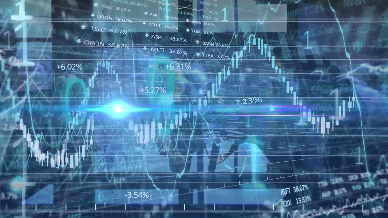 animación de puntos de luz y codificación binaria contra el procesamiento de datos financieros y bursátiles.