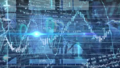 animación de puntos de luz y codificación binaria contra el procesamiento de datos financieros y bursátiles.