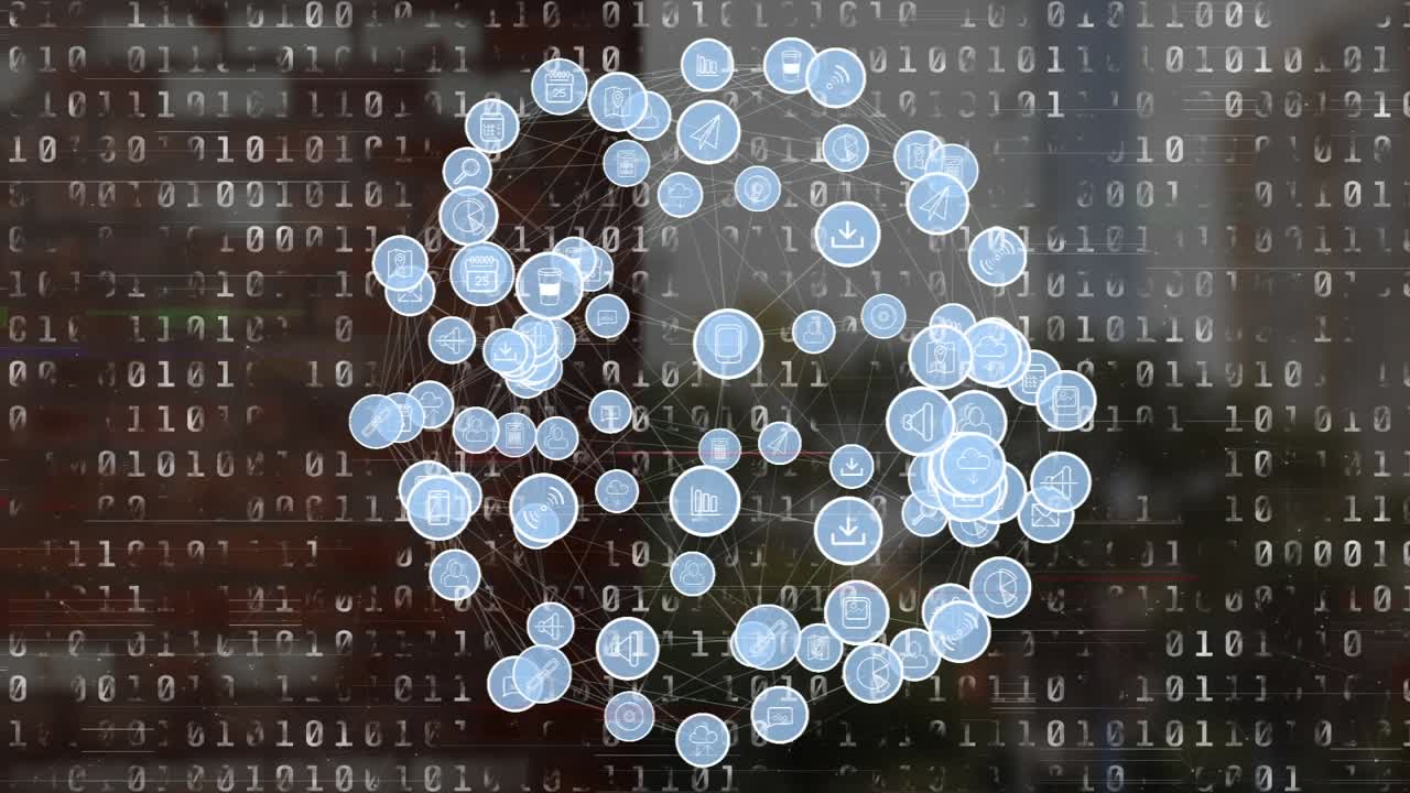 Animation of network of connections with icons and data processing over cityscape