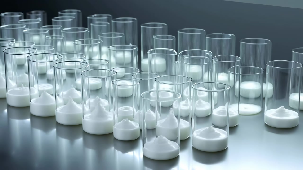 Close-up laboratory scene with multiple transparent glass beakers arranged in staggered rows on reflective metallic tabletop, shallow white liquid forming peaks, ripples and soft highlights