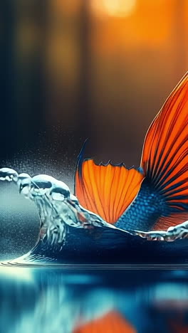 vibrant fish swims at sunset. vibrant fish glides gracefully through calm water, set against a stunning sunset backdrop illuminating the surroundings.