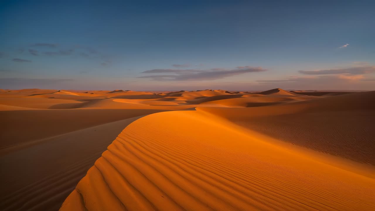 Panoramica della fotocamera che si sposta a destra e indietro, cresta di una duna di sabbia che mostra increspature e luce calda nel deserto