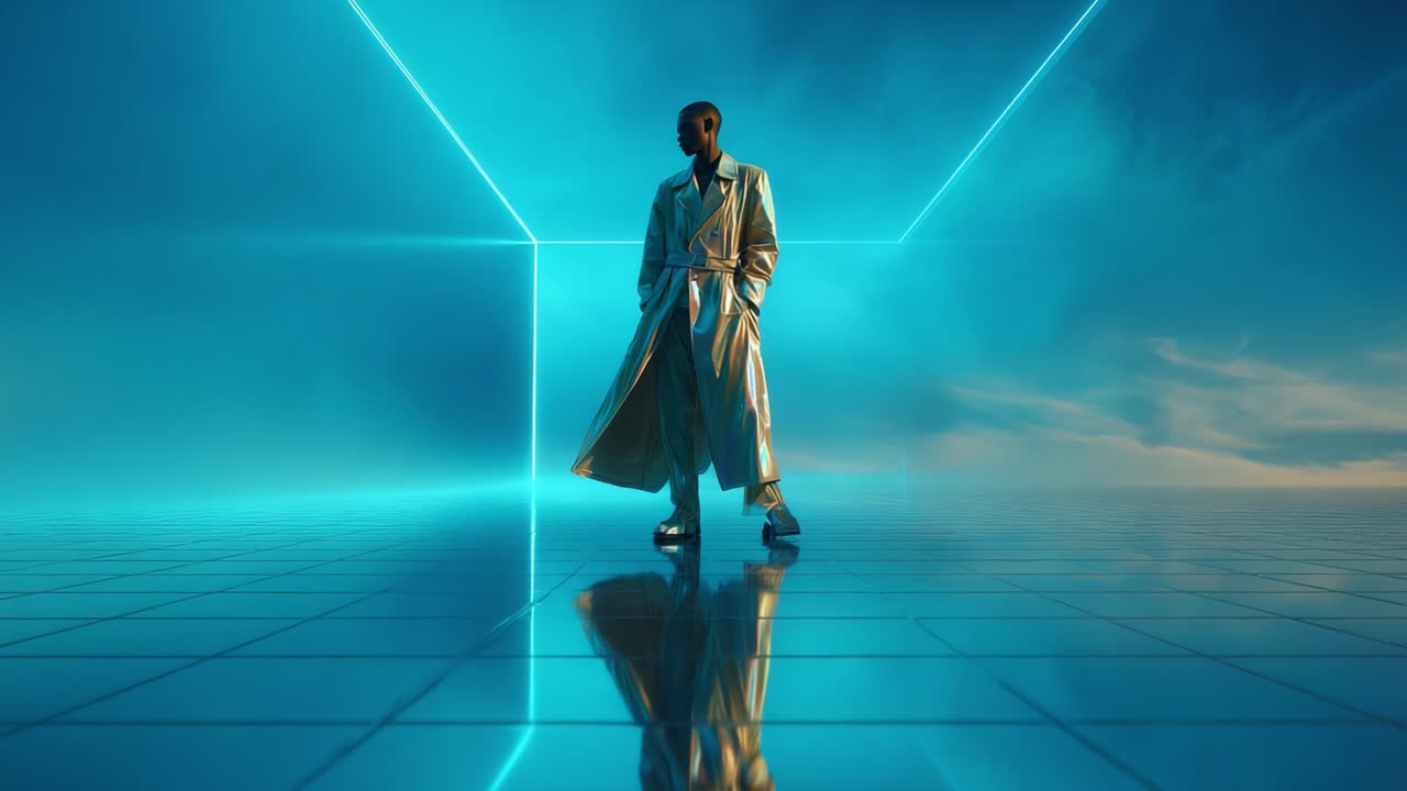 A stylish figure stands confidently in a futuristic setting illuminated by glowing blue lines, casting reflections on a sleek surface, creating a captivating atmosphere full of intrigue and serenity