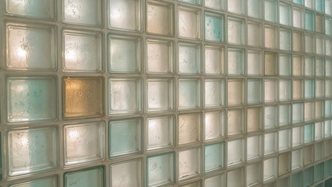 Moving camera panning right and down at hallway, capturing glass-block wall with aqua tints, drops