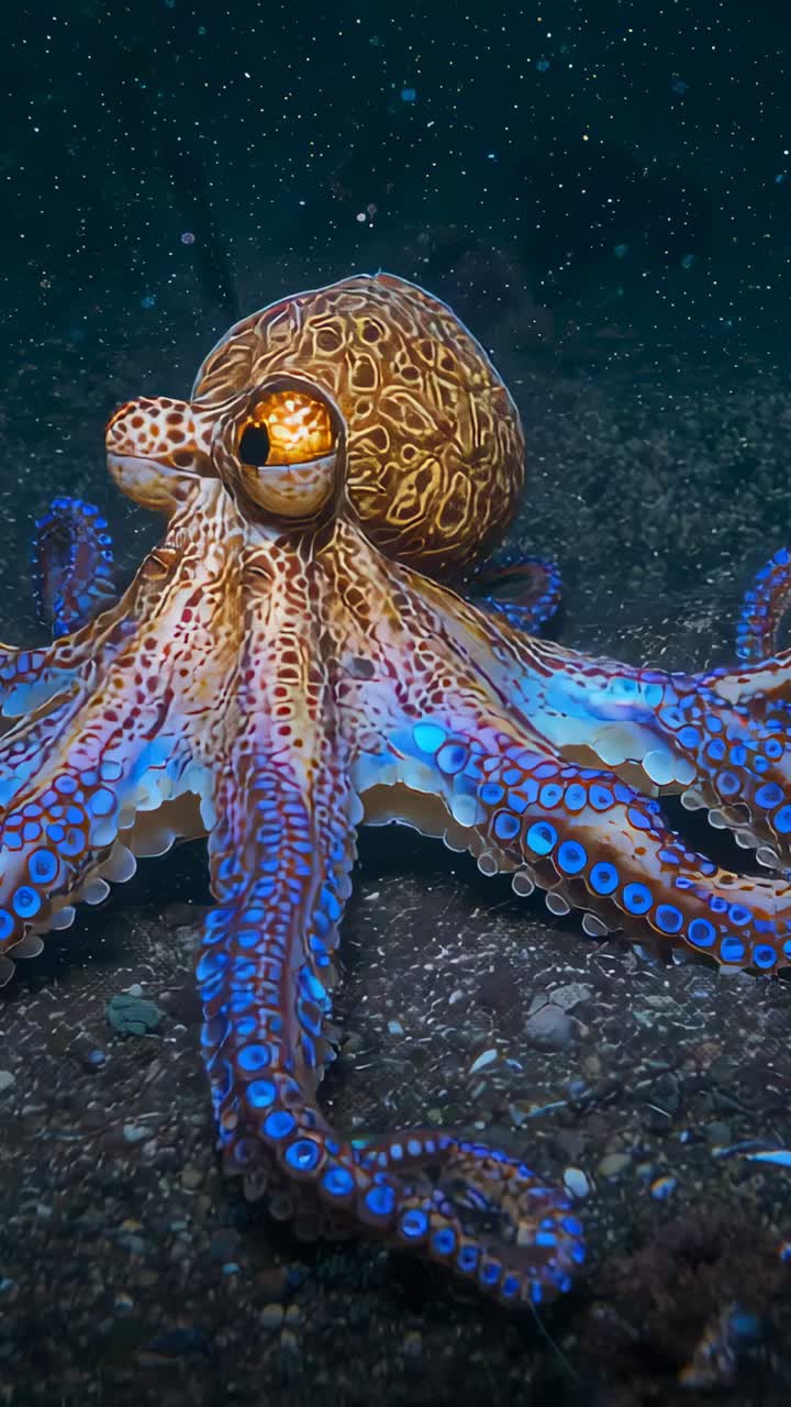 Video verticale: polpo a motivi che si muove in avanti sul fondale marino, mostrando macchie blu, ventose e occhi dorati