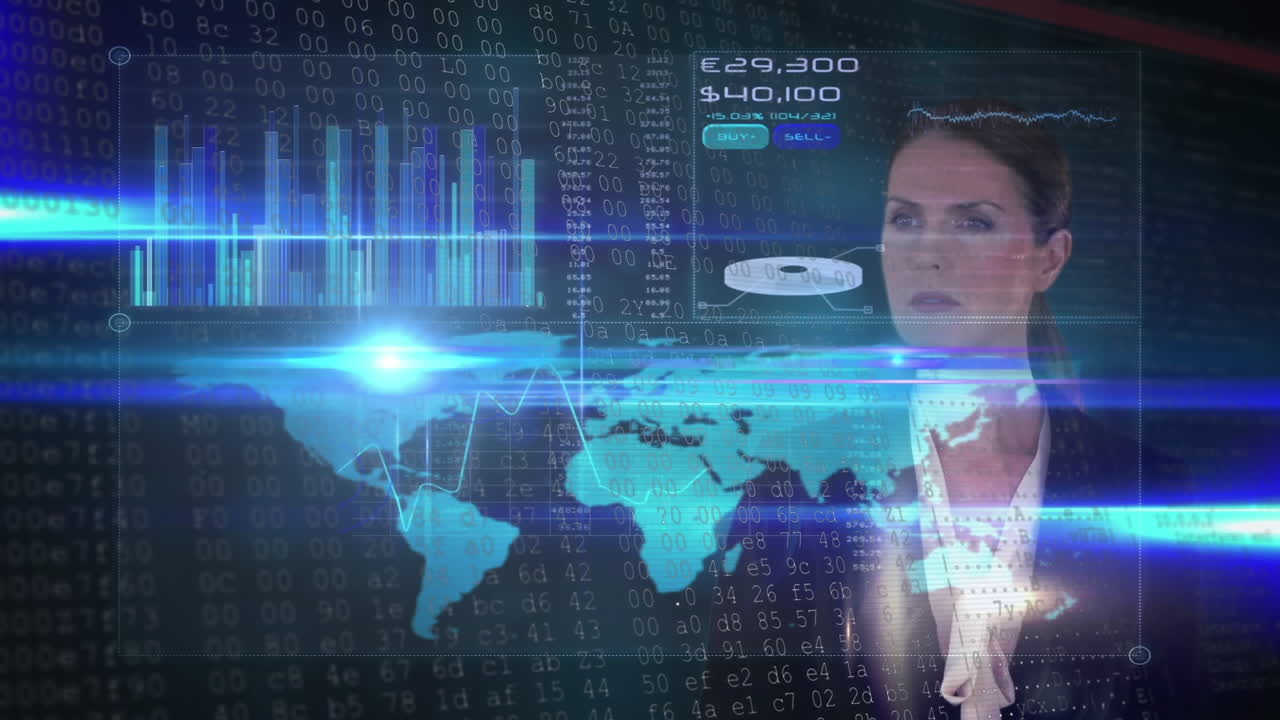 animación del procesamiento de datos sobre una mujer de negocios caucásica