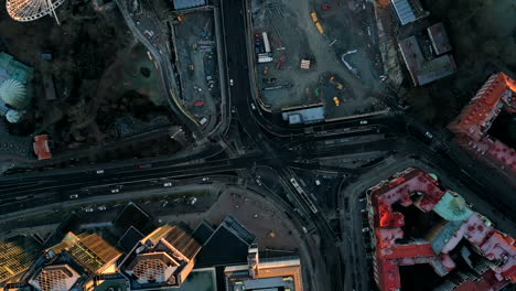 drone zoom-out time-lapse of traffic in gothenburg, sweden