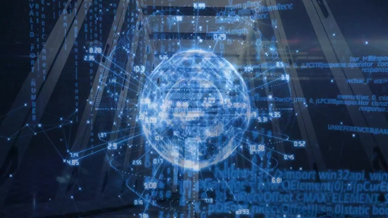 On boot hologram globe forming, rings extending, code streams appearing, showing network data