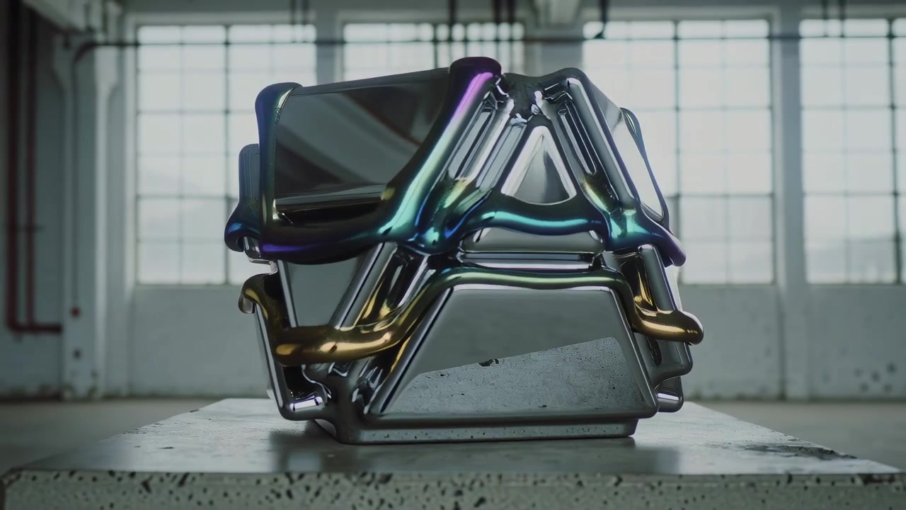 Sequenza che inizia con un nucleo cromato che si trasforma formando una superficie iridescente e un rivestimento dorato su un piedistallo in un magazzino