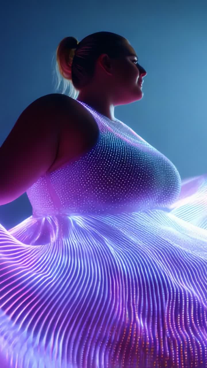 A stunning portrayal of a woman illuminated by vibrant, flowing lights, showcasing fashion and technology through mesmerizing textures and modern design in motion