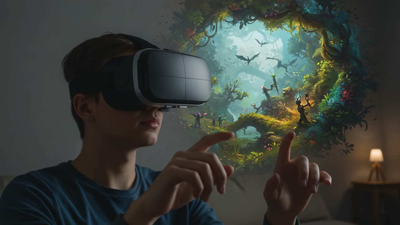 A Young Man Immersed in a Virtual Reality Experience, Interacting with Enchanting Creatures and Magical Landscapes in a Lush Digital Environment