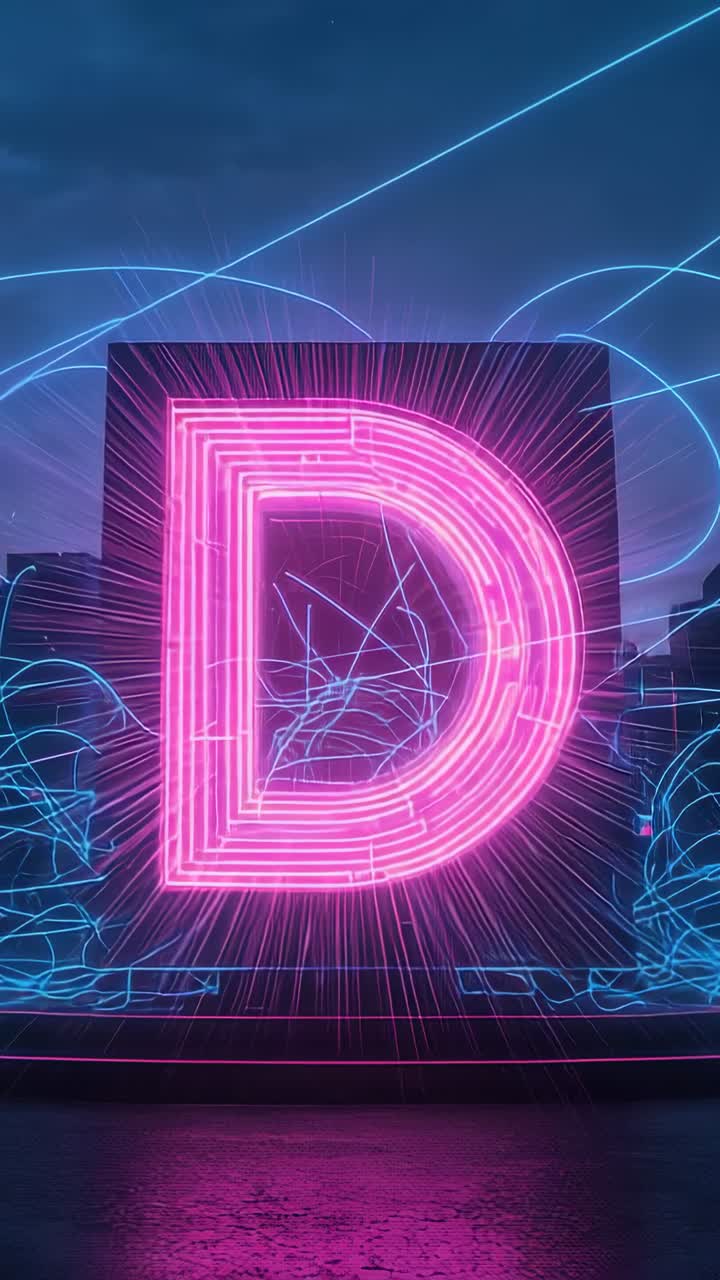 Vertical video: Lighting neon letter D pulsing on plaza platform, blue arcs weaving to show skyline