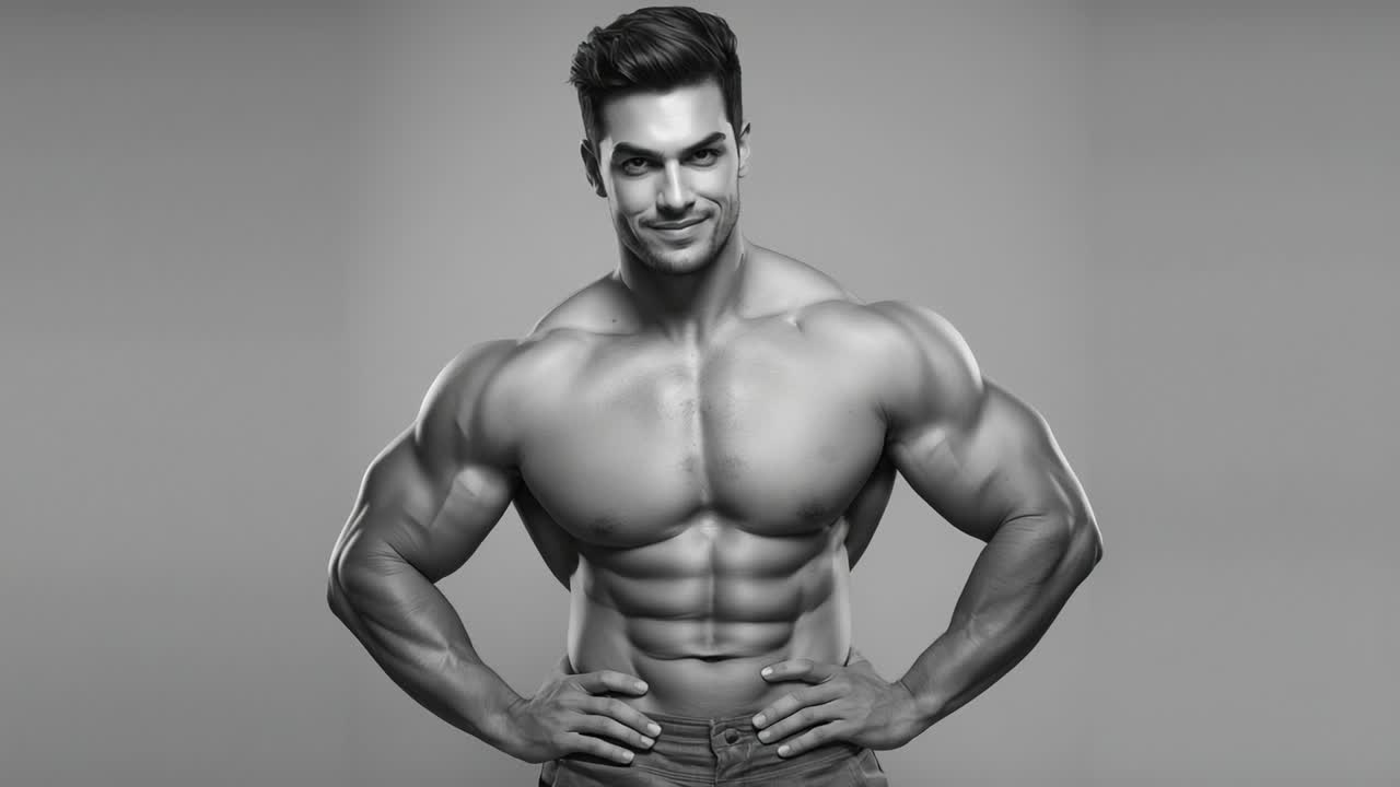Male fitness model shirtless wearing jeans holding pose in studio, shifting to confident smile