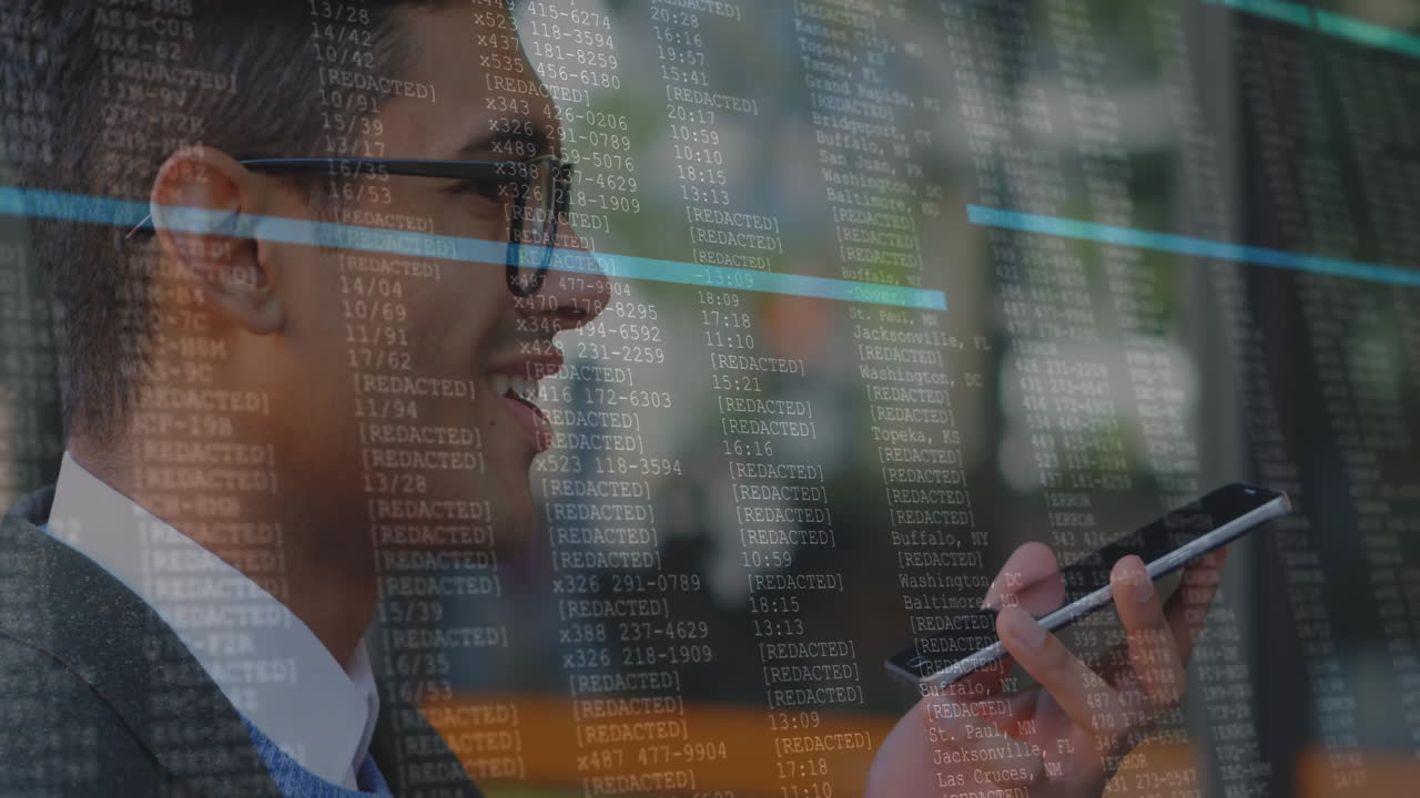 Business professional talking on phone with data processing animation overlay