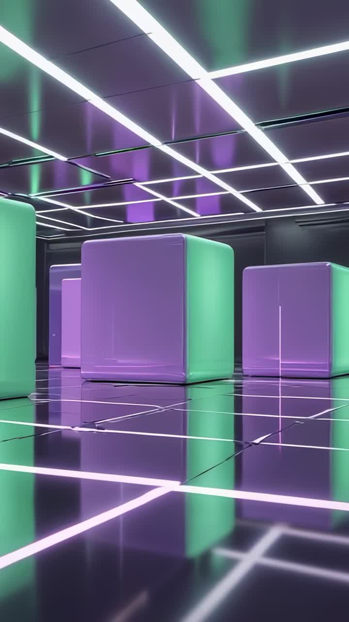Vertical video: Camera initiating tracking purple or mint cube along glowing grid in neon chamber