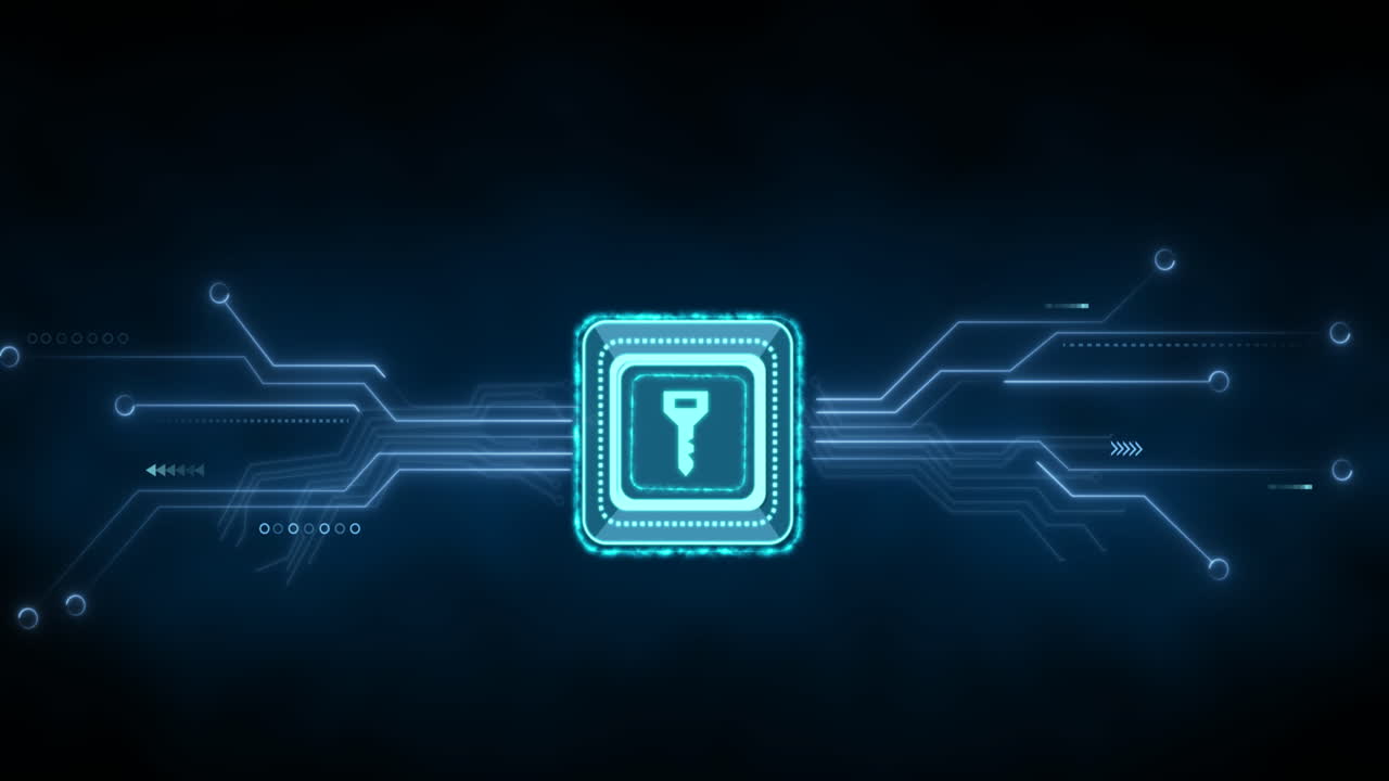 animación del procesamiento de datos con clave de seguridad en línea sobre una placa de circuitos informáticos