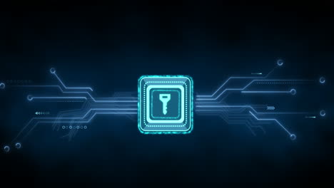 animación del procesamiento de datos con clave de seguridad en línea sobre una placa de circuitos informáticos
