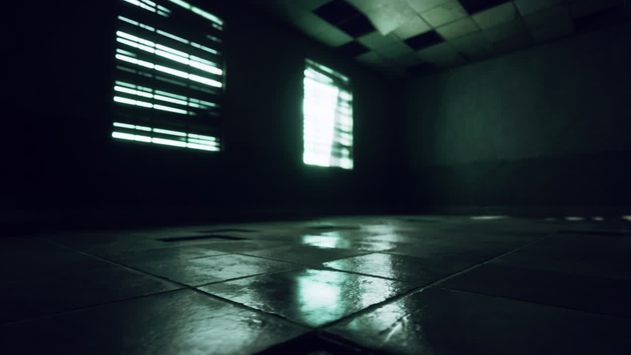 Abandoned room with eerie lighting and reflections on wet floor