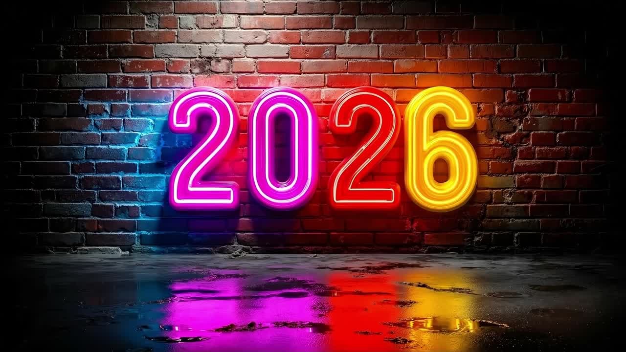 Neon Light 2026 Numbers with Urban Brick Wall Background