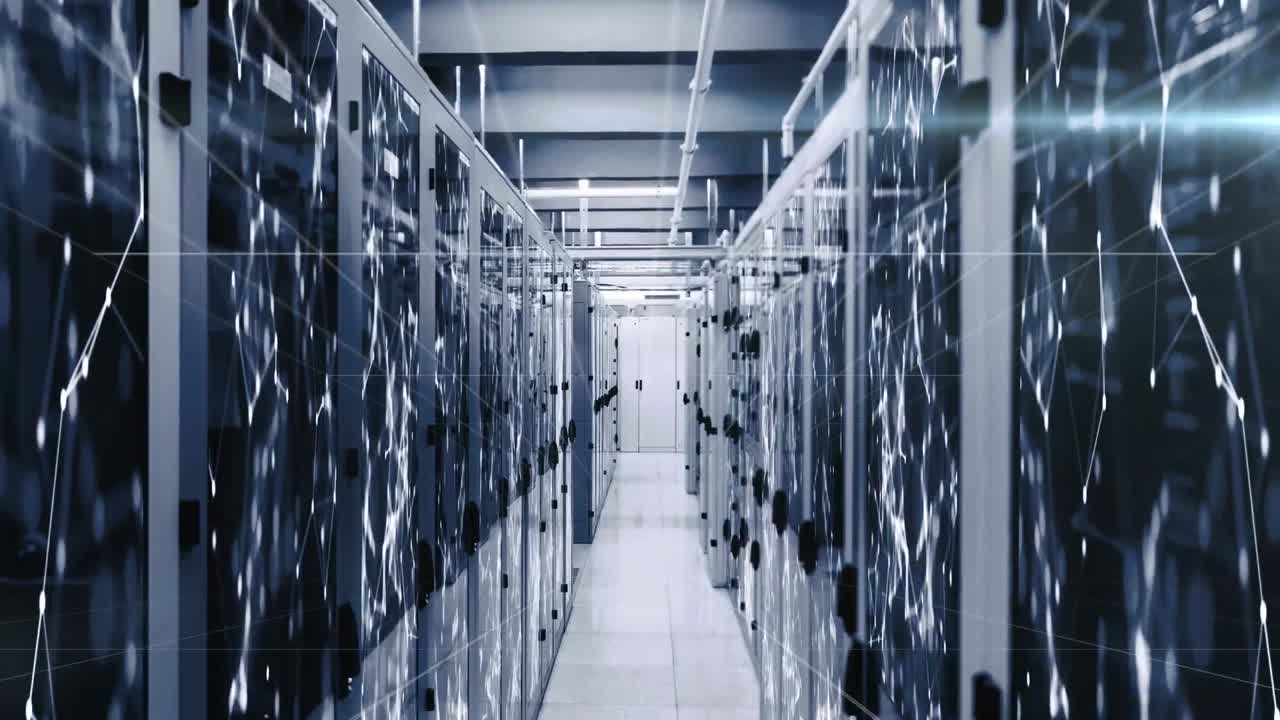 Animation of light spot and network of connections against computer server room
