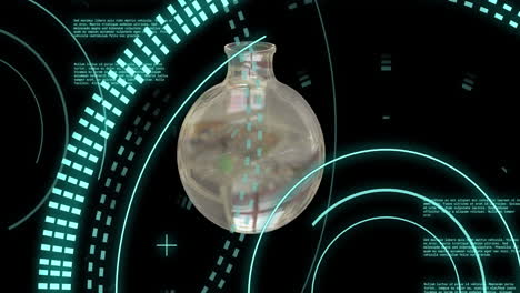 animación del vaso de laboratorio y procesamiento de datos sobre senderos de luz