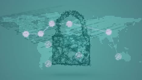 animation of online security padlock, networks of connections over world map