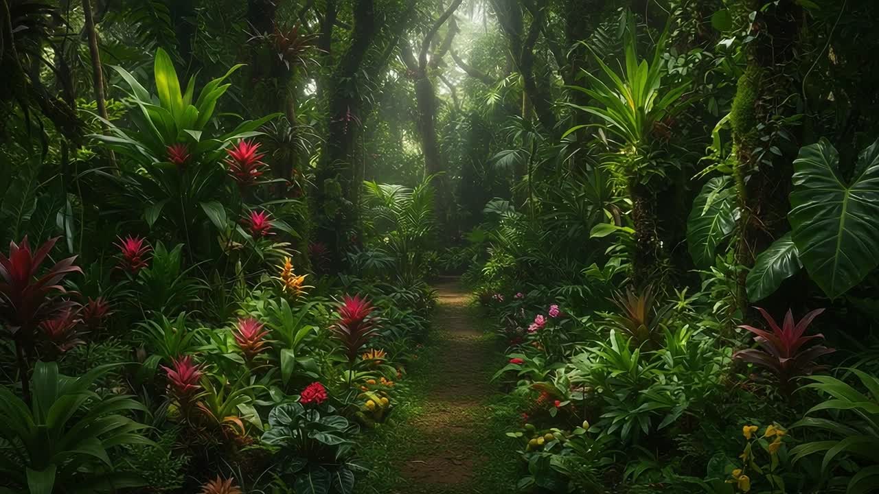 Explore the Enchanting Beauty of a Lush Tropical Rainforest Filled with Vibrant Flora, Mystical Vines, and the Serenity of Nature Awaits on this Tranquil Pathway