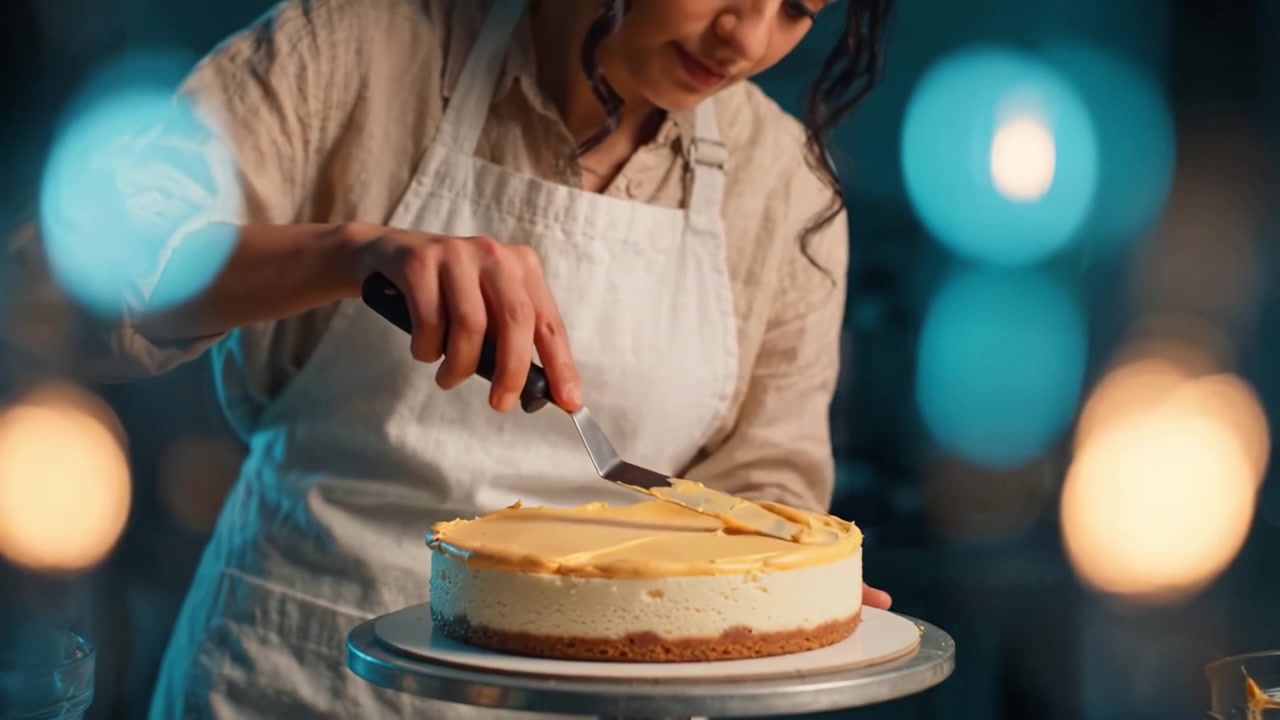 En dyktig baker glatter forsiktig ut den kremete toppingen på en deilig ostekake, og viser frem kunstferdighet og presisjon i desserttilberedningen for en herlig godbit