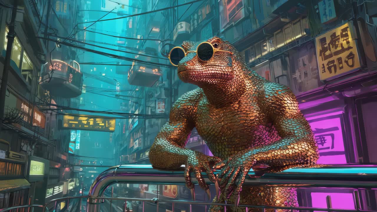 Cyberpunk-øgle i en futuristisk by