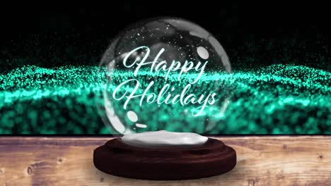 animation of christmas greetings in snow globe on wooden boards and glowing mesh
