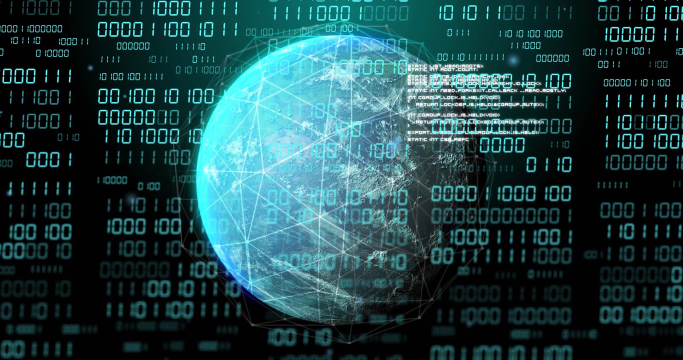 Globe appearing, rotating clockwise while binary scrolling and code fading, visualizing data flow