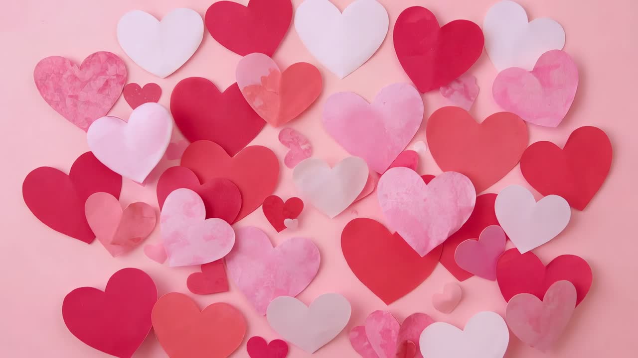 Cuori di carta che si spostano e si muovono verso l'interno man mano che i fotogrammi avanzano su un foglio rosa pallido formando un gruppo compatto
