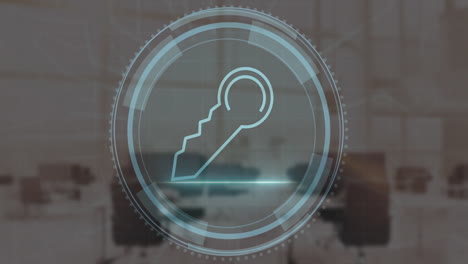 key icon and digital security animation over office setting