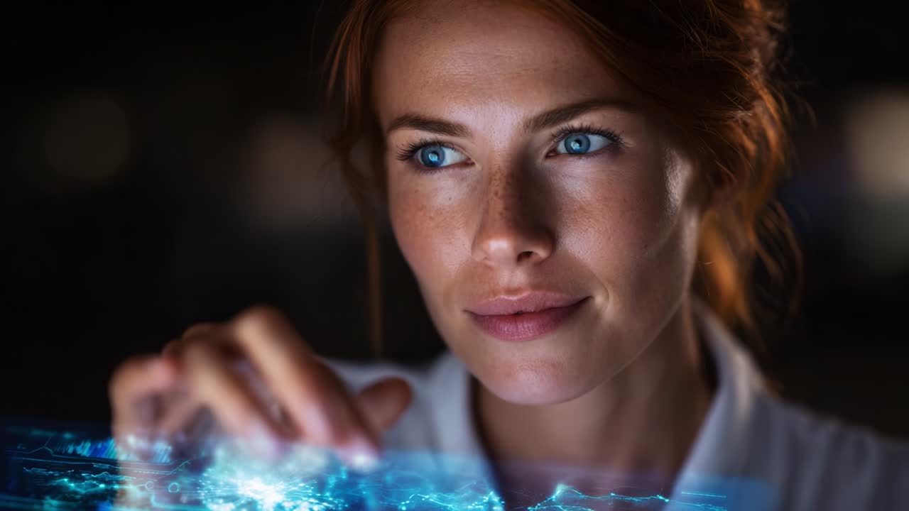 A captivated individual interacts with a futuristic, holographic interface, her focused expression reflecting a blend of curiosity and technological intrigue, as she explores an advanced digital landscape of data and information