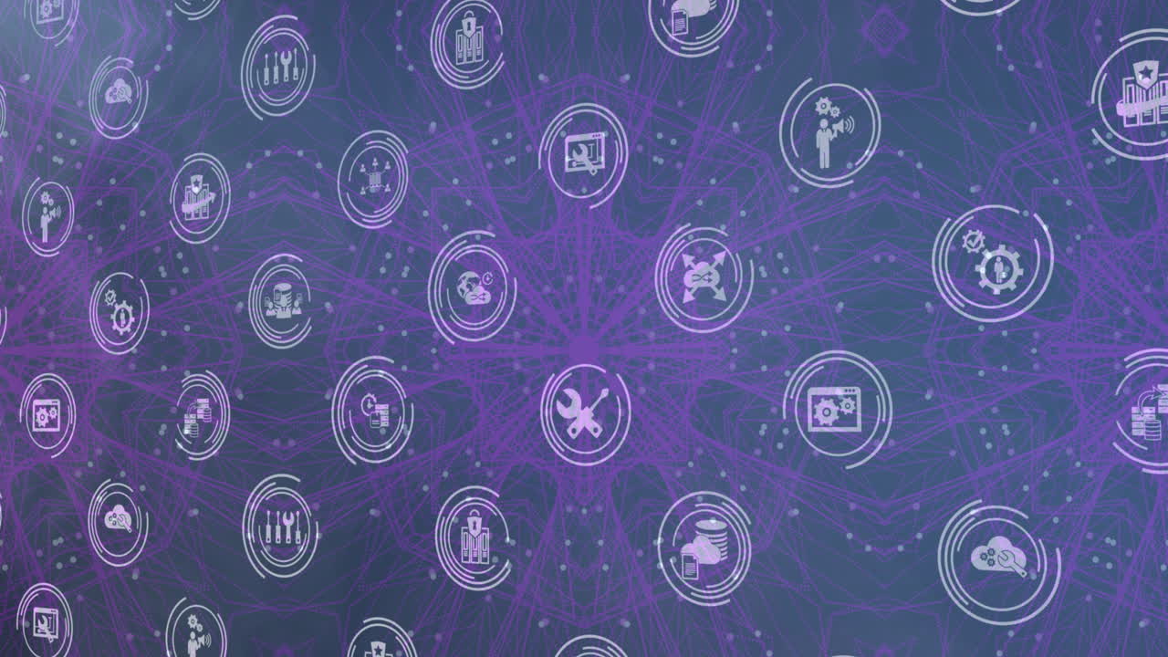 animación del icono en círculos de carga sobre llamaradas de lente y puntos que se mueven en patrón circular