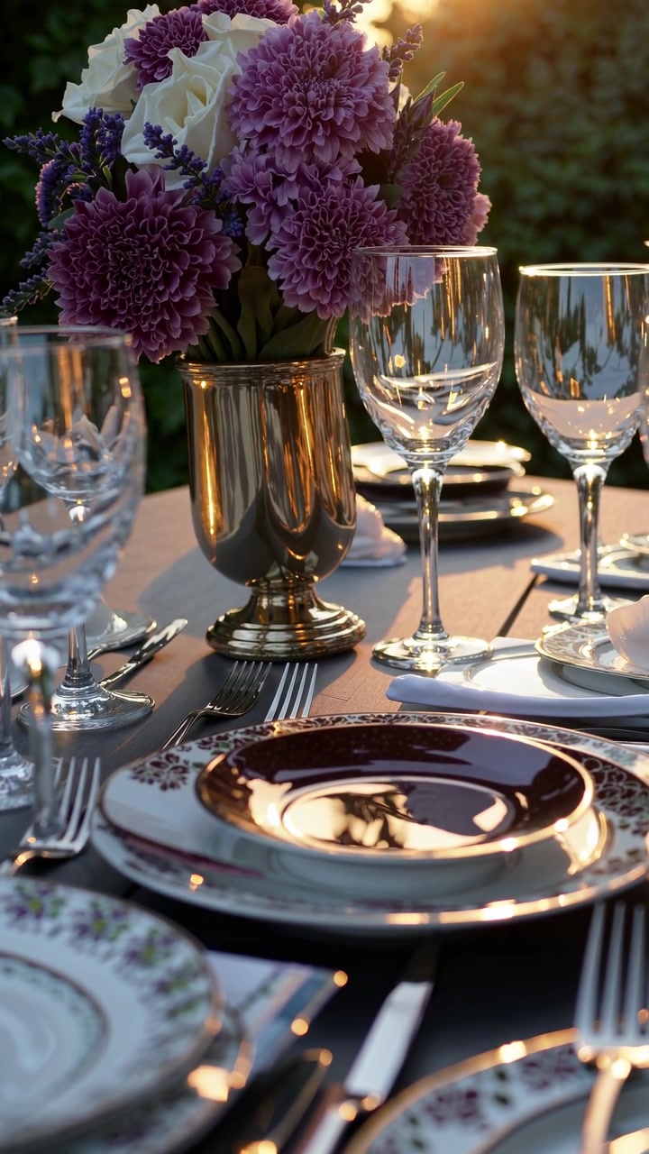 Elegant Outdoor Table Setting with Flowers at Sunset