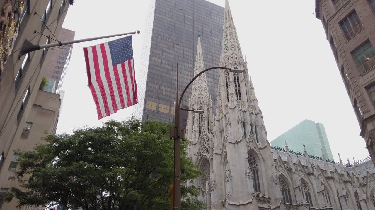 American National Flag on Building Opposite of St. Patrick's Cathedral, New York USA, Slow Motion