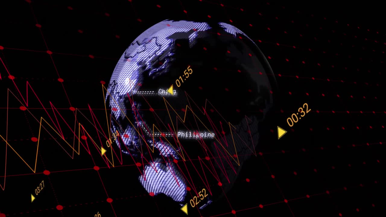 animación de globo brillante y gráficos con datos de procesamiento en fondo negro