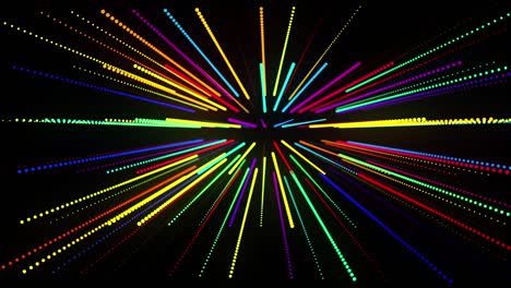 abstract 3d loop background with glowing particles lined up in a row in 3d space. festive vj loop with multicolored particles and smooth animated camera. motion design background.