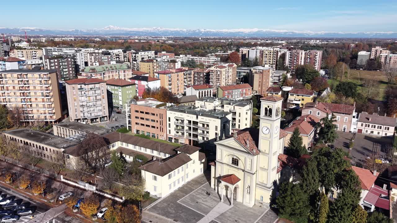 Panoramic aerial shot of Pieve di San Donato in San Donato Milanese, Italy