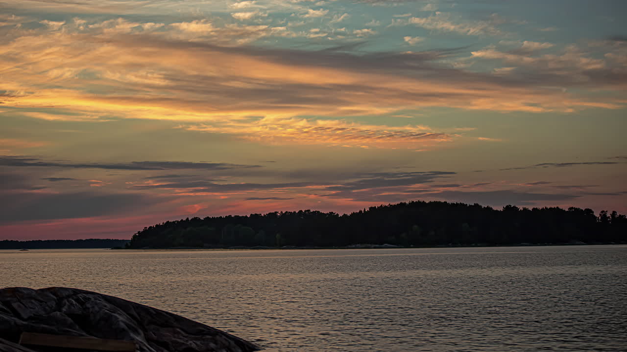 Panorama Of Calm Waters Of Lake From Dusk To Night