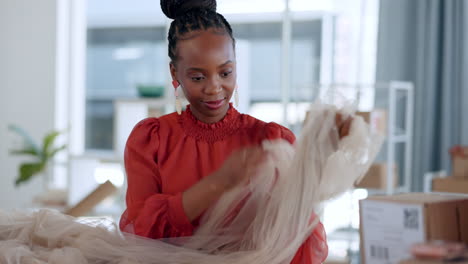 black woman, designer and fabric for fashion