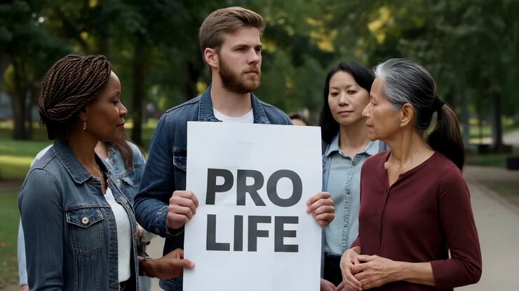 Uomo che avanza su un sentiero del parco in denim, mentre regge un cartello PRO LIFE man mano che le inquadrature progrediscono