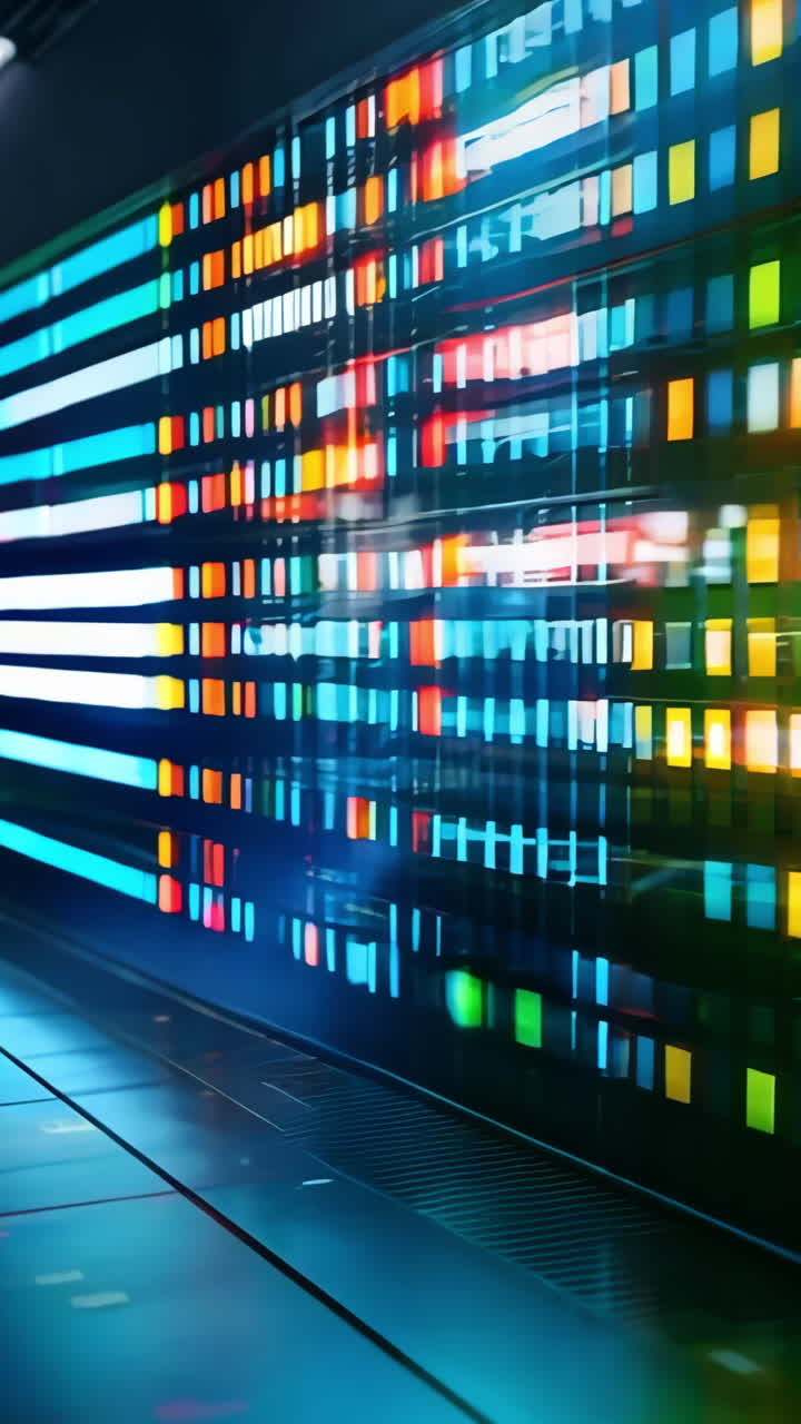 A computer screen with a colorful display of numbers and letters. Concept of technology and information, with the bright colors and patterns suggesting a fast-paced, high-tech environment