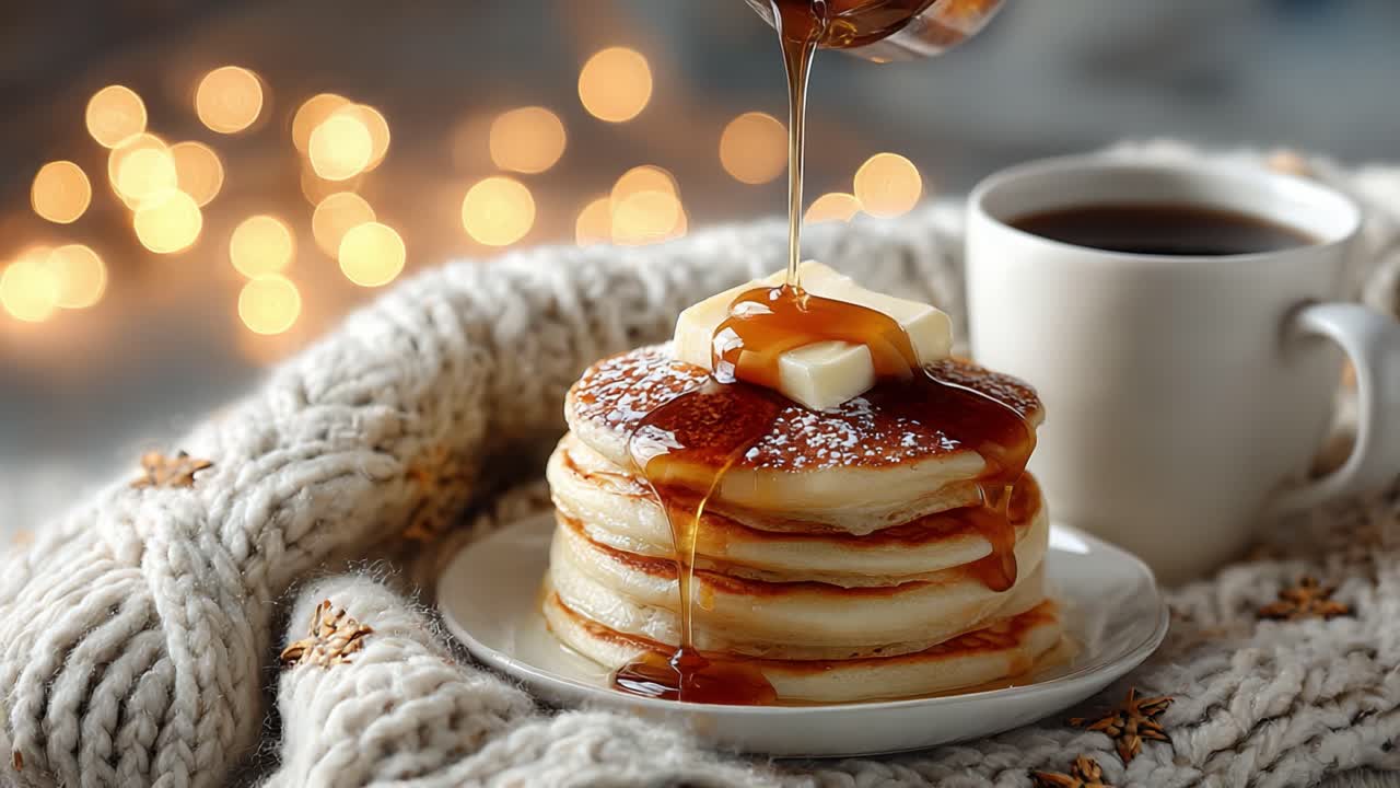 Delicious Stack of Fluffy Pancakes Topped with Butter and Drizzled with Maple Syrup Next to a Warm Cup of Coffee, Perfect for a Cozy Morning Delight